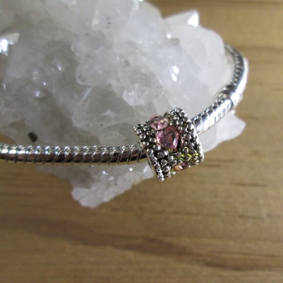 Silver Beaded European Charm with Heart crystals - Picture 2 of 7